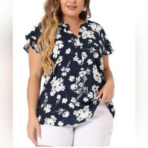Agnes Orinda Floral Lightweight Navy and White Women's Top ruffled neck 1X